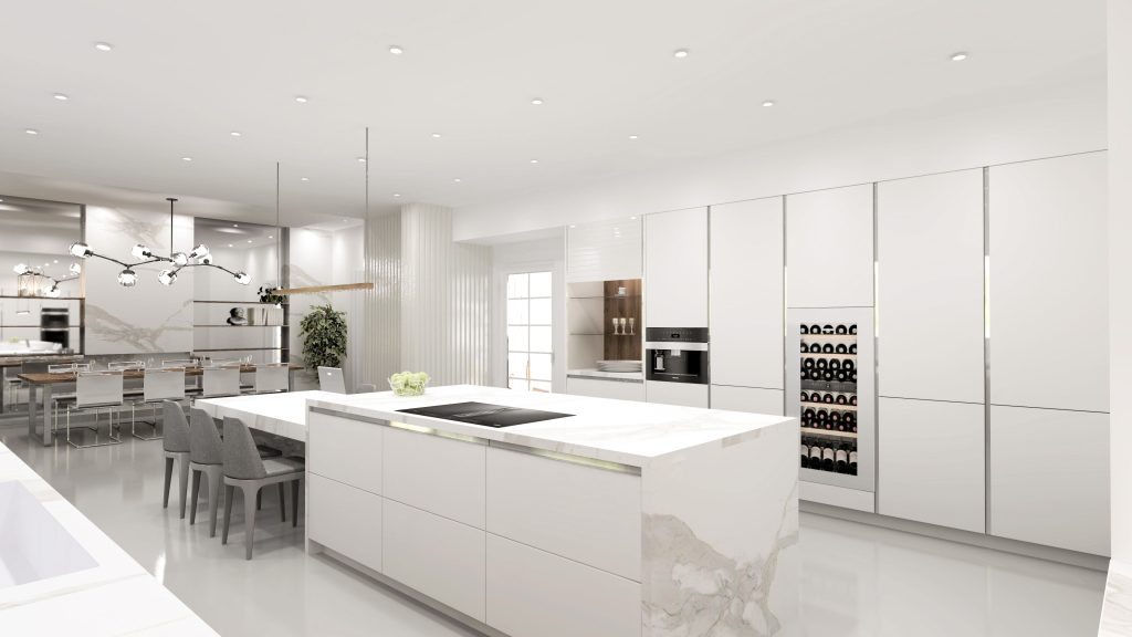 Contemporary kitchen featuring a sleek white island and elegant lighting.